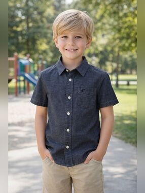 Wrangler Boys Size 6/7 Charcoal Chambray Button Down Shirt Short Sleeve EUC